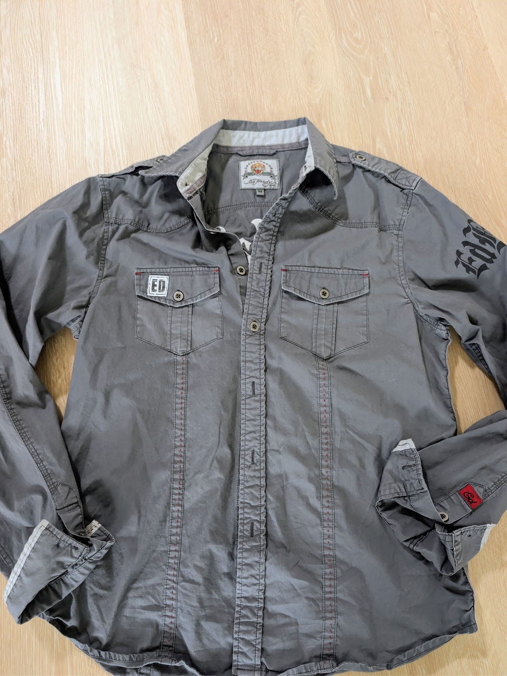 Ed Hardy Vintage Y2K Grey Button Up Utility Shirt Size Medium